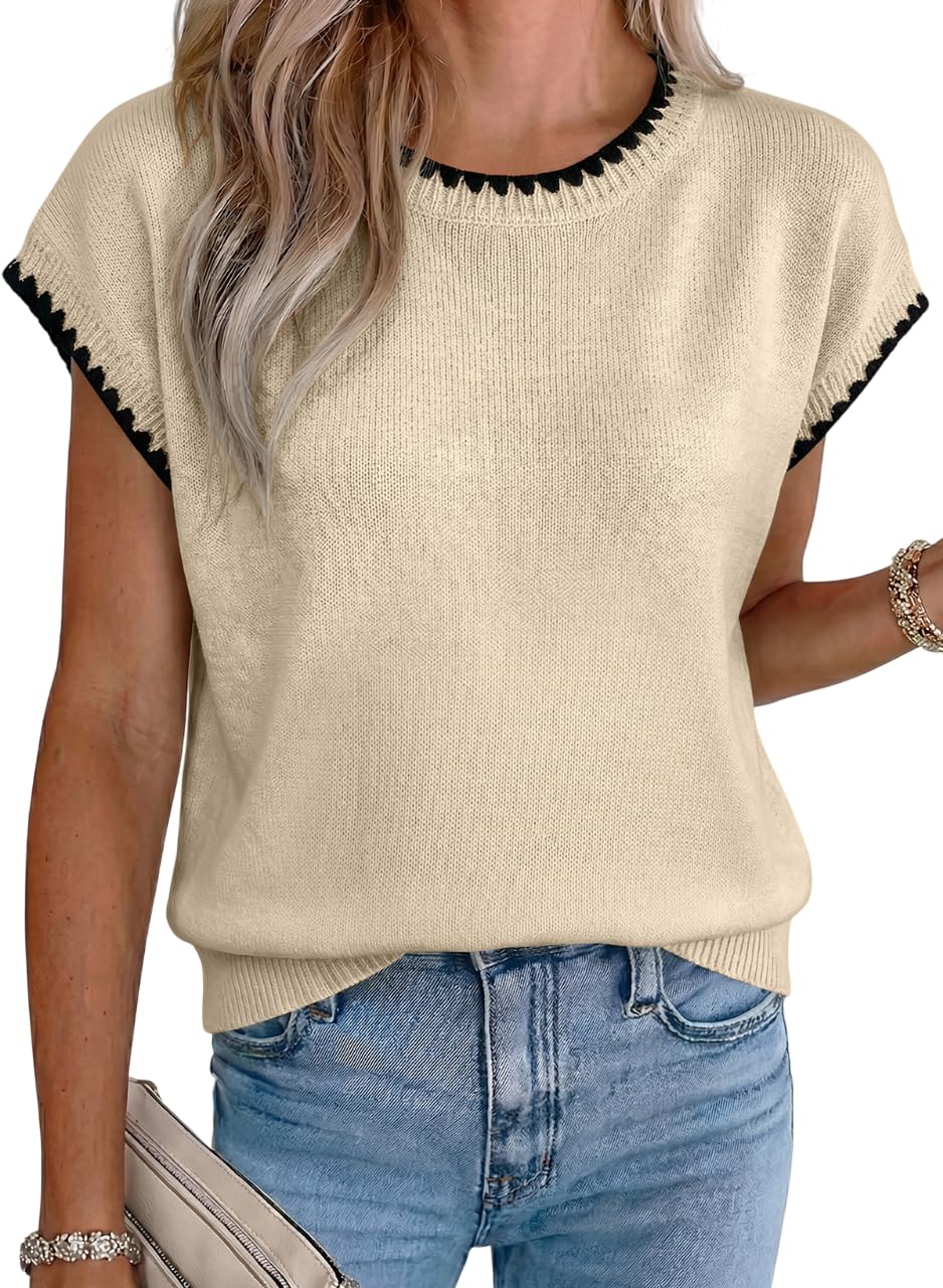 Acelitt Women's Contrast Ruffle Trim Knit Top Crew Neck Cap Sleeve Lightweight Sweater Vest Casual Loose Fit Pullover Blouse for Summer Office Daily Beige Medium