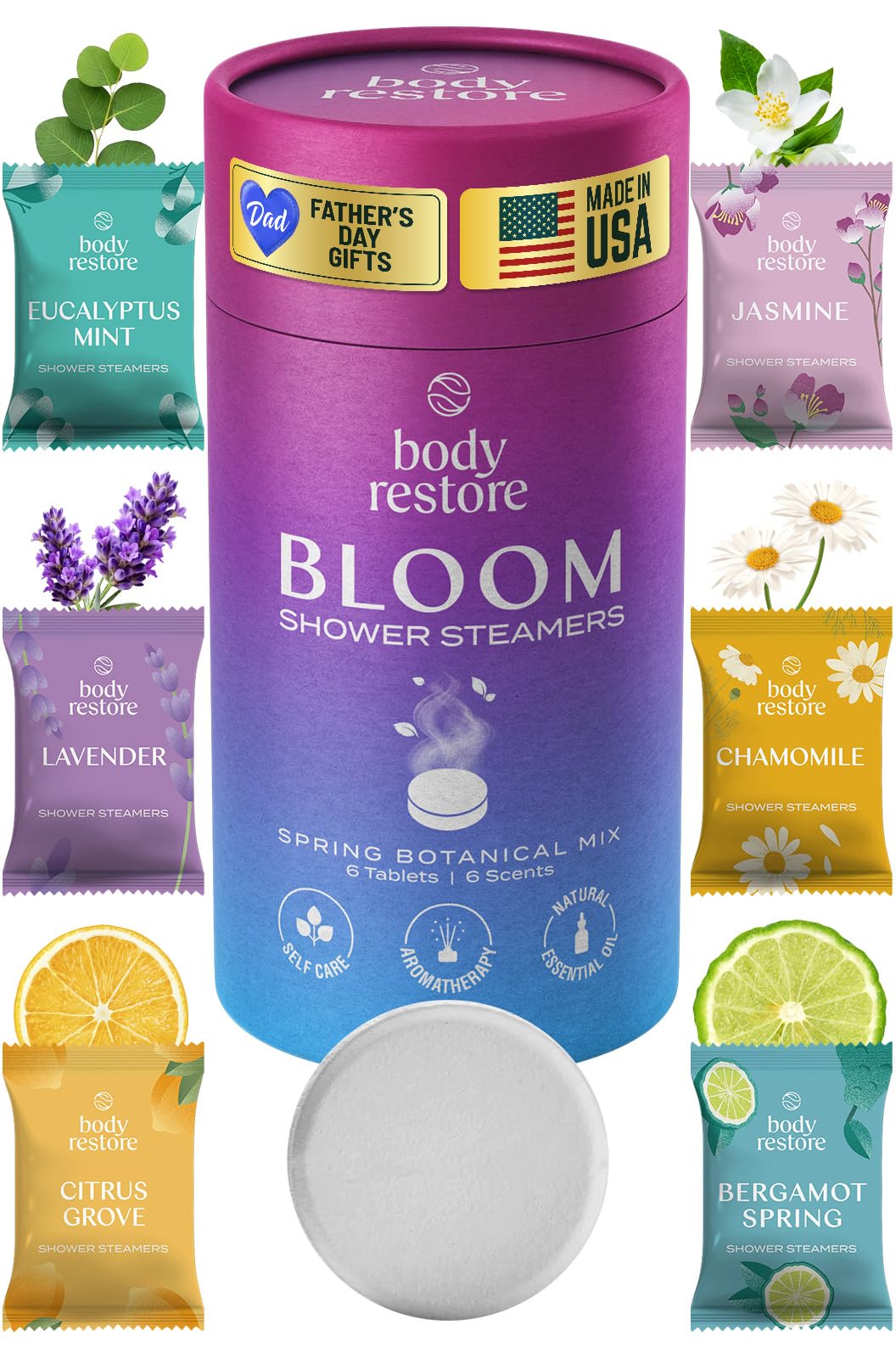 Body Restore Shower Steamers Aromatherapy 6 Pack – Fathers Day Gift for Dad, Birthday Gifts for Women and Men, Relaxation Stress Relief Self Care – Bloom
