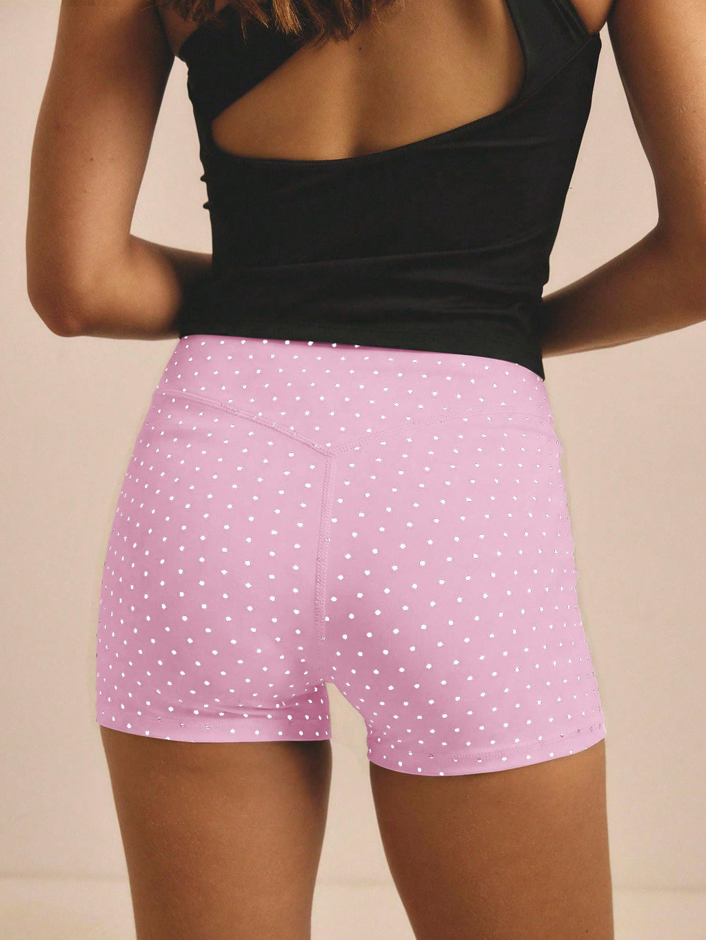 WDIRARA Women's Polka Dots Biker Shorts Elastic Waist Athletic Workout Yoga Shorts Pink Medium