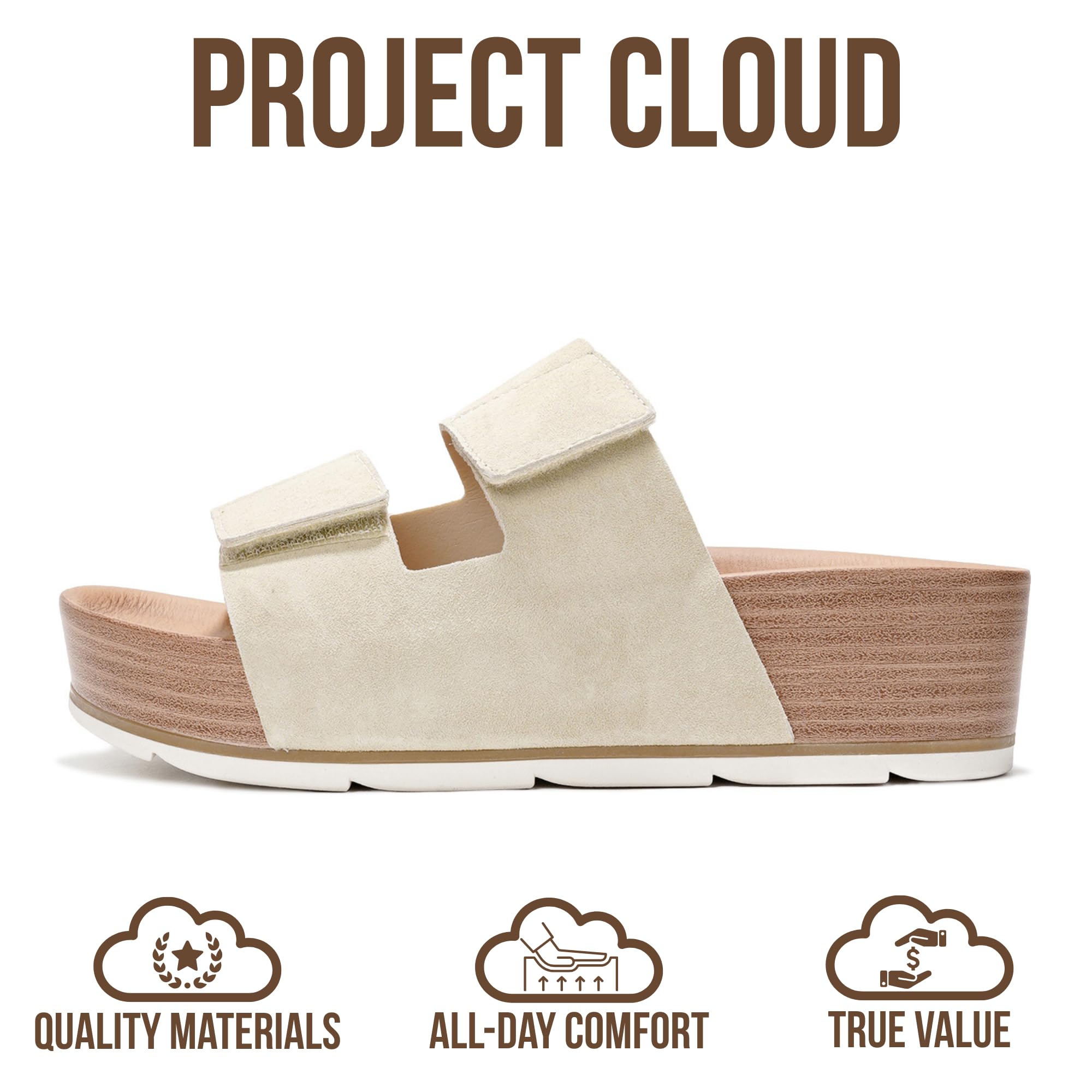 Project Cloud 100% Genuine Leather Platform Sandals Women Footwear-Beach Essentials Summer Wedges with Plush and Soft Insole-Non Slip&Lightweight Wedge Sandals For Women 2026 (PISMO,BIRCH, 8)