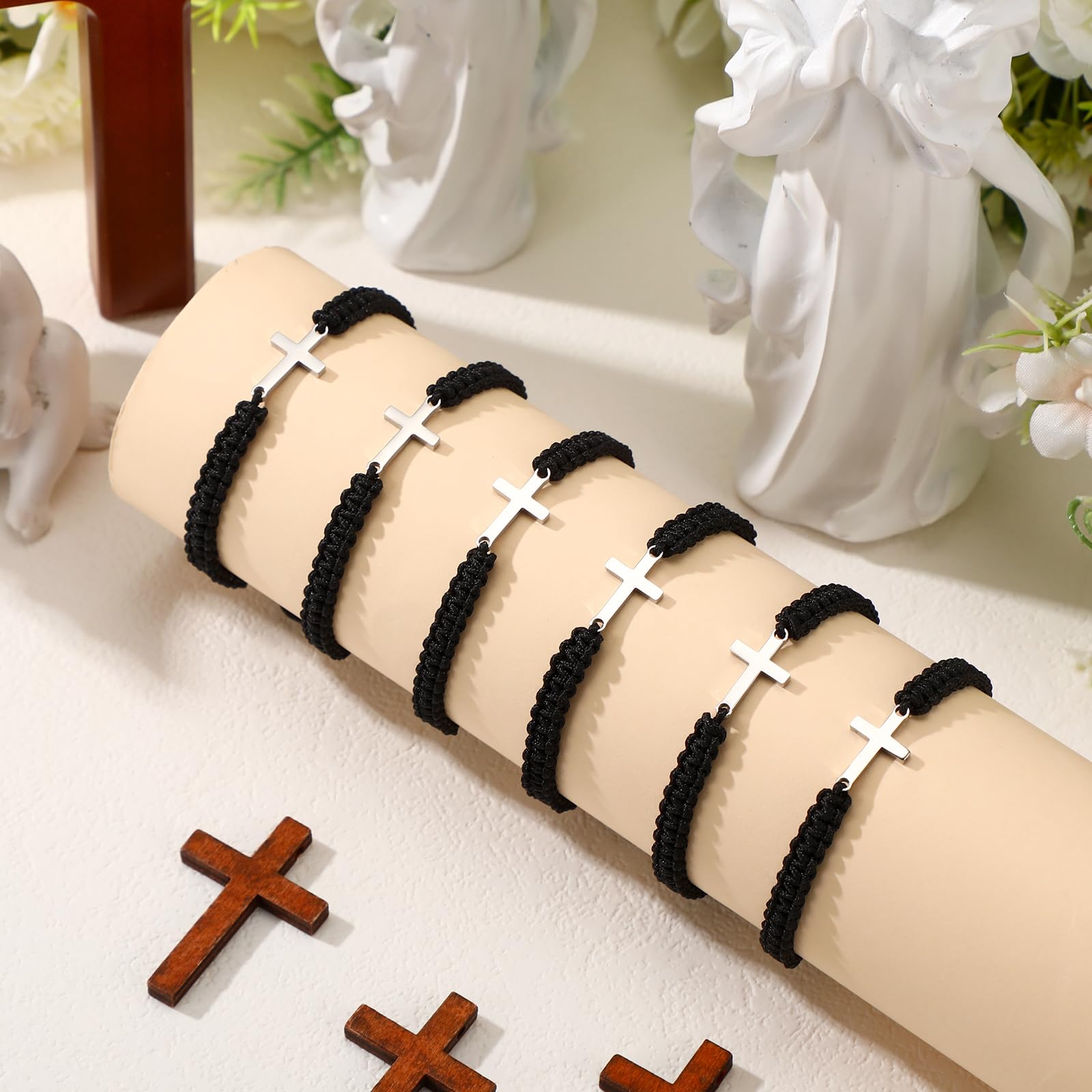 Sureio Cross Friendship Bracelet Adjustable Braided Rope Jesus Christian Cross Bracelets Matching Couple String Lucky Strand BFF Wristband for Women Men Boy Girls Easter Baptism (Black)