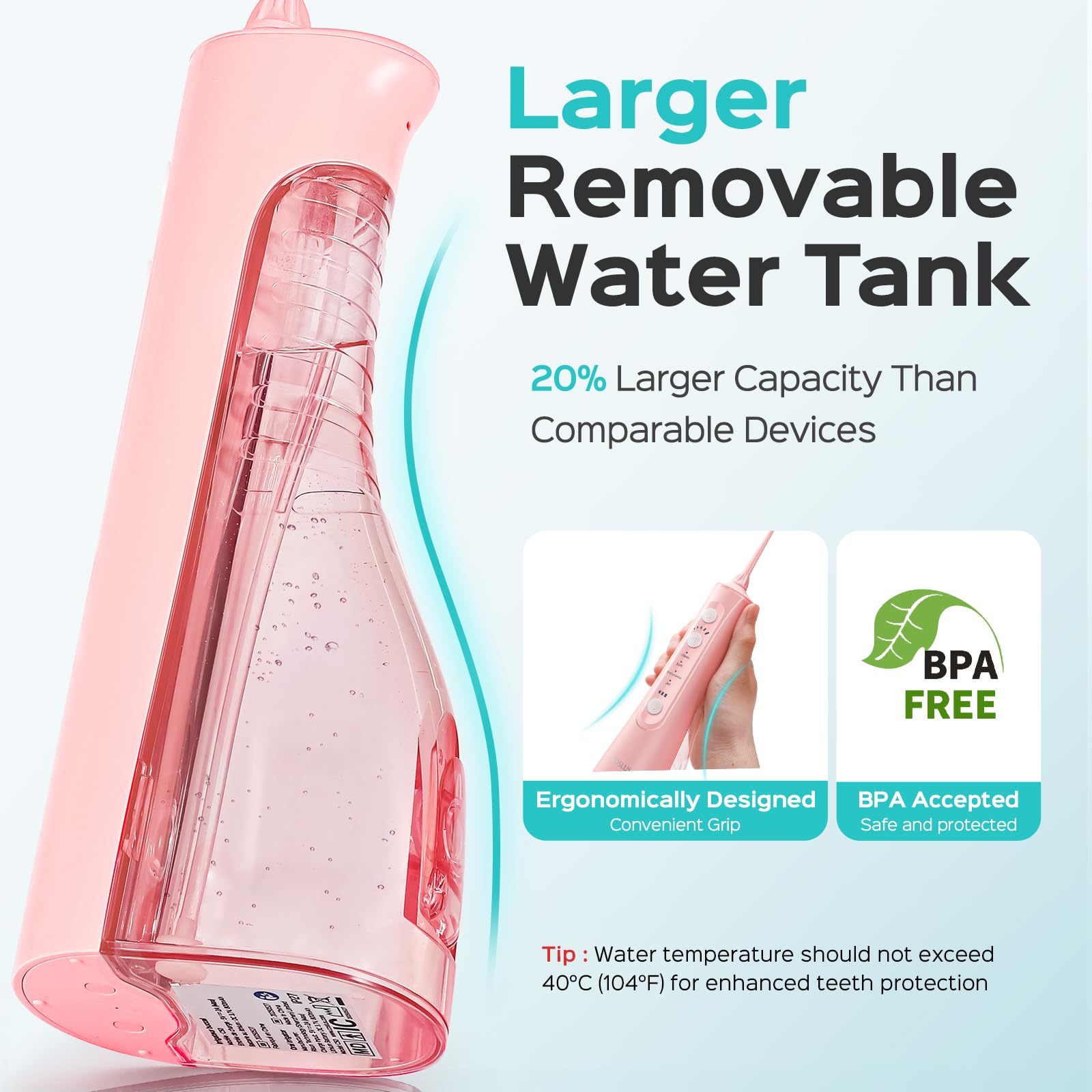 COSLUS Portable Water Flosser for Teeth: 4 Modes & 5 Intensity Levels Professional Electric Dental Pick for Sensitive Gums, Braces & Orthodontic - Cordless for Travel Use, for Adults, BPA-Free, Pink