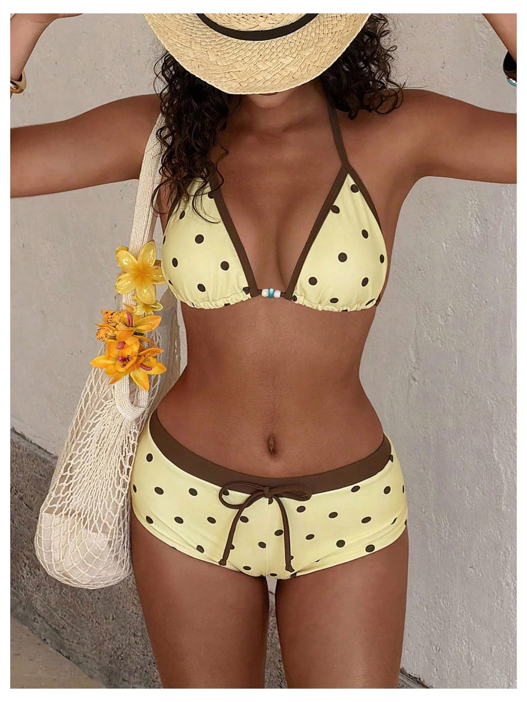 WDIRARA Women's Polka Dots 2 Piece Swimsuit Triangle Halter Bikini Set Boyshorts Bathing Suit Light Yellow Medium