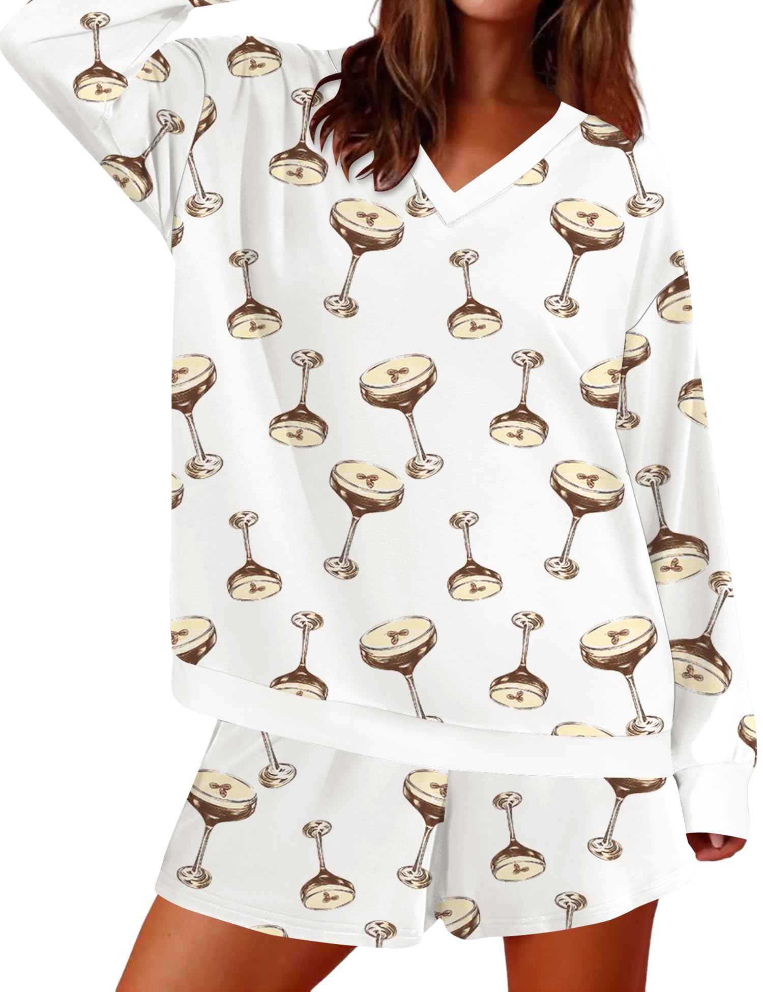 AKEWEI 2 Piece Loungewear for Womens V Neck Long Sleeve Top and Shorts with Pockets Sets Comfy Lounge Pajamas