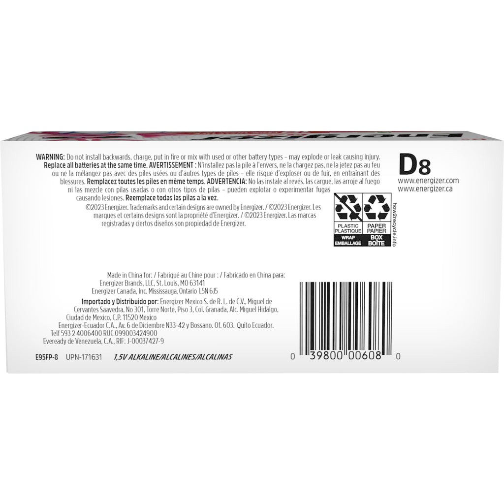 Energizer D Batteries, D Cell Battery Premium Alkaline, 8 Count