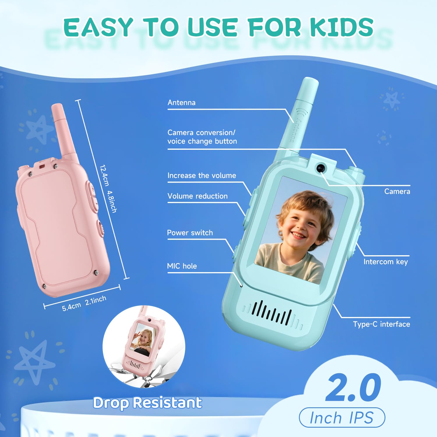 Video Walkie Talkies for Kids, Handheld 2 Pack Rechargeable Video Intercom Kids Walkies Talkies, Indoor Outdoor Toys for Family Games, Outside, Camping, Hiking for Boys Girls Ages 3-12 (Blue/Pink)