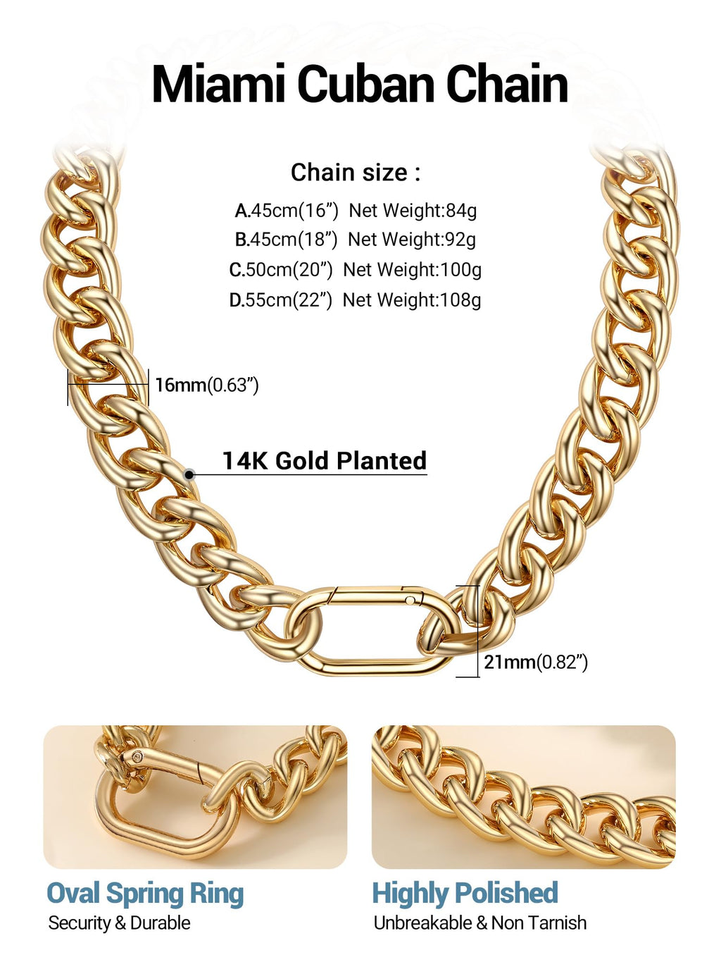 PROSTEEL Chunky Gold Necklace for Women, 14K Gold Cuban Choker with Oval Spring Ring, Fashion Lightweight Gold Chain Jewlry Gifts 16mm-16 inches