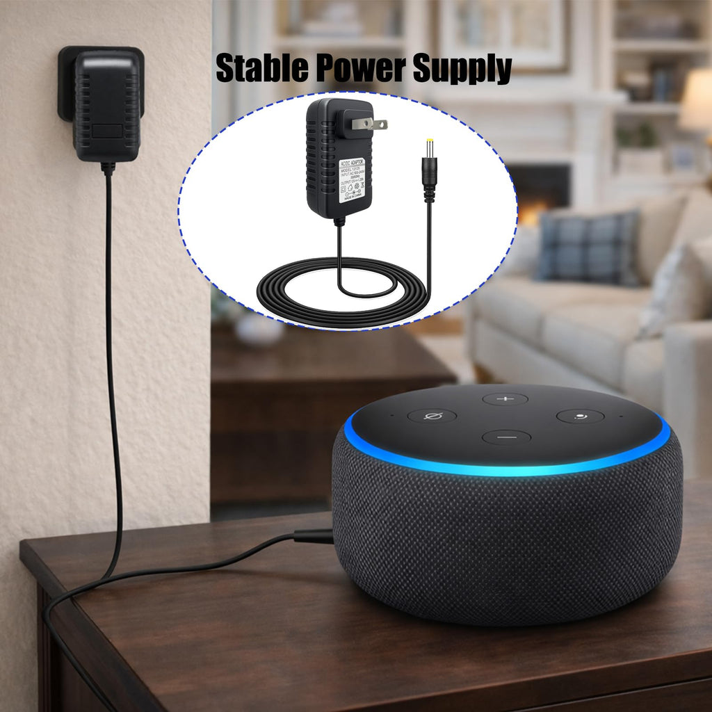 AZJCKEW 15W Power Adapter Charger, Compatible with Echo Dot 3rd/4th/5th Gen Echo Show 5 (1st & 2nd Gen) Echo Pop Kids Edition Smart Speaker DC Charger Cord, 6.6FT Long Cable – Black