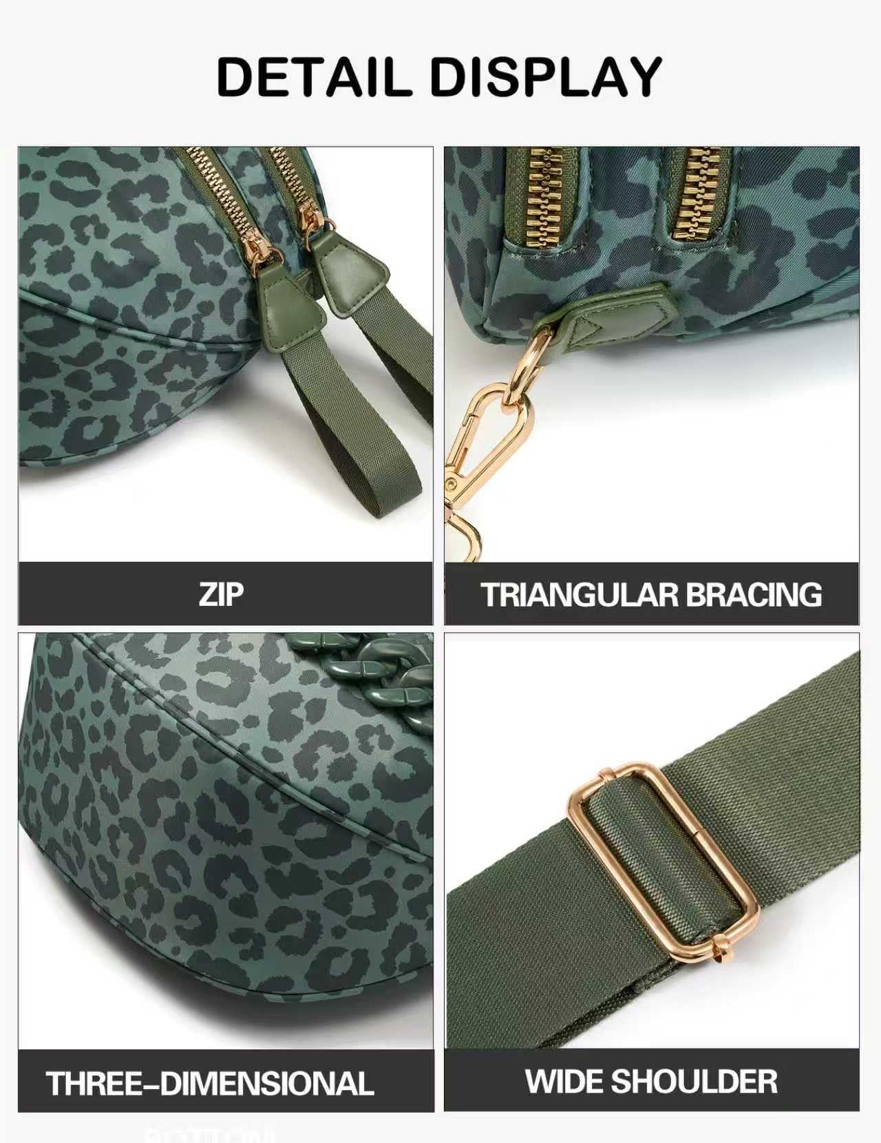 FEIBOON Spacious Nylon Crossbody Bag Bum Bag Handbags Wallets Purses Trendy Shoulder Bag for Women (Bean Green Leopard)