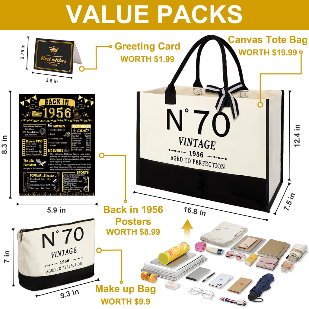 YeohJoy 70th Birthday Gifts for Women Canvas Tote Bag Travel Gear, Unique 70 Years Old Gifts for Wife Mom Sister Aunt Friends Her, Vintage N°70 Handbag & Cosmetic Bag & Back in 1956 Poster