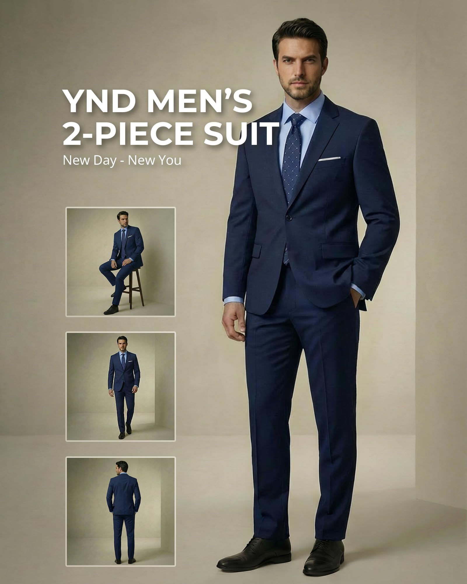 YND Men's 2 Piece Suit with Tie, One Button Slim Fit Solid Jacket and Pants Set, Suits for Men Prom Party Wedding & Business, Deep Blue