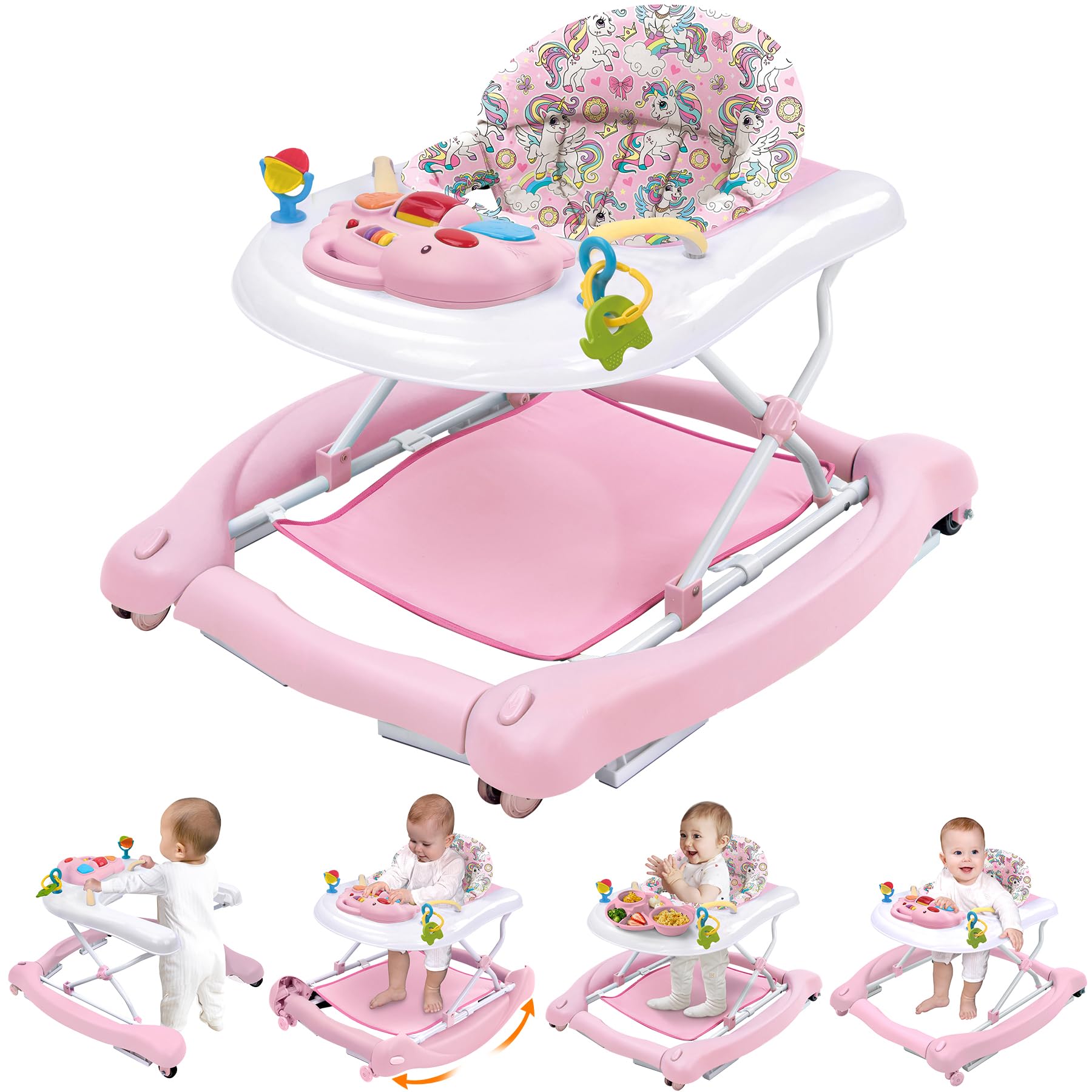 Foldable Baby 5-in-1 Activity Walker - Rocker, Activity Center, Bouncer, Seat Walker, Push Walker - Adjustable Speed Rear Wheels and Height Toys Ages 6-18 Months(Pink)