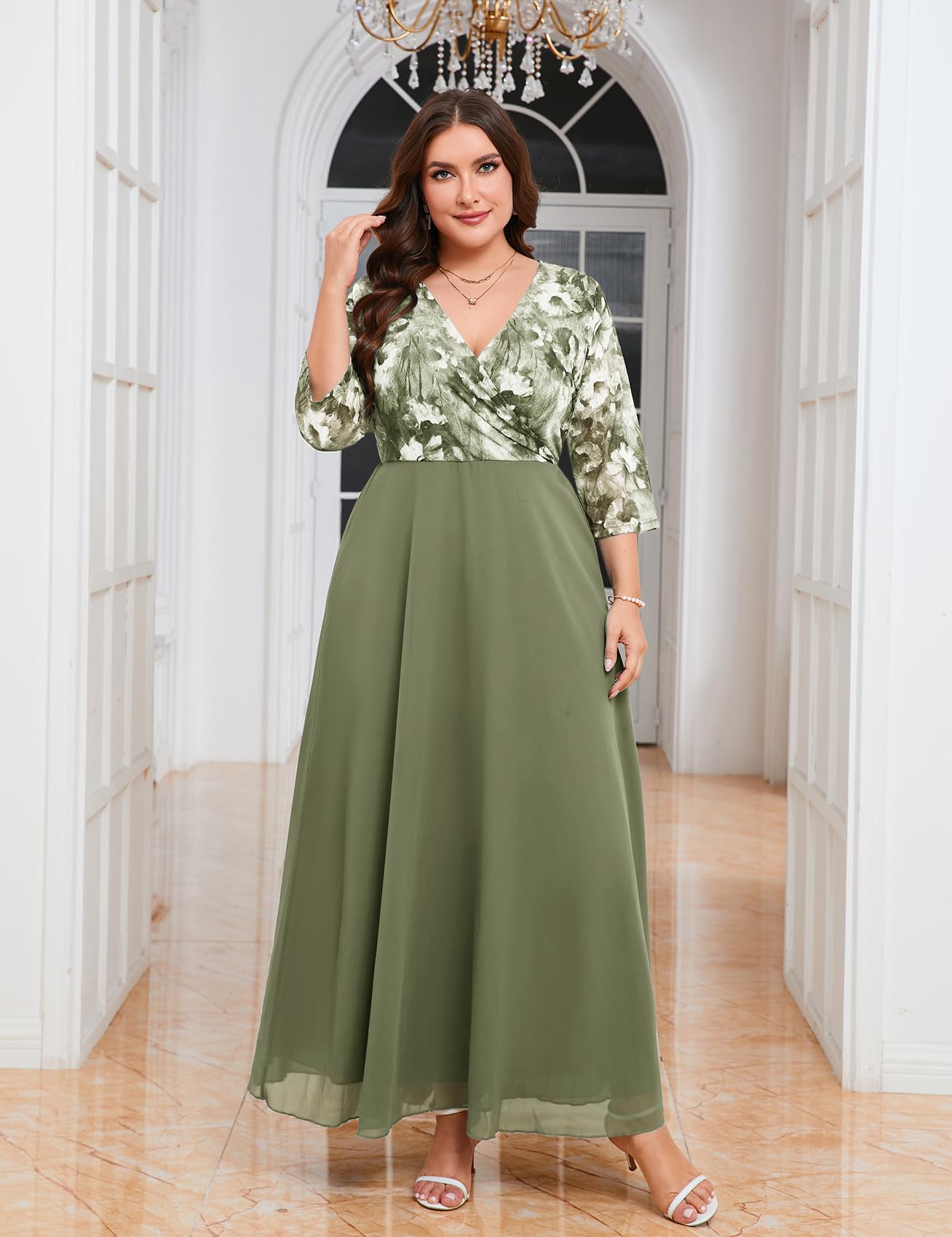 ZOMVA Plus Size Maxi Formal Dress Lace Chiffon Floral V-Neck Wrap Wedding Guest Evening Gown Cocktail Prom 3/4 Sleeves, Light Green Floral, 3X
