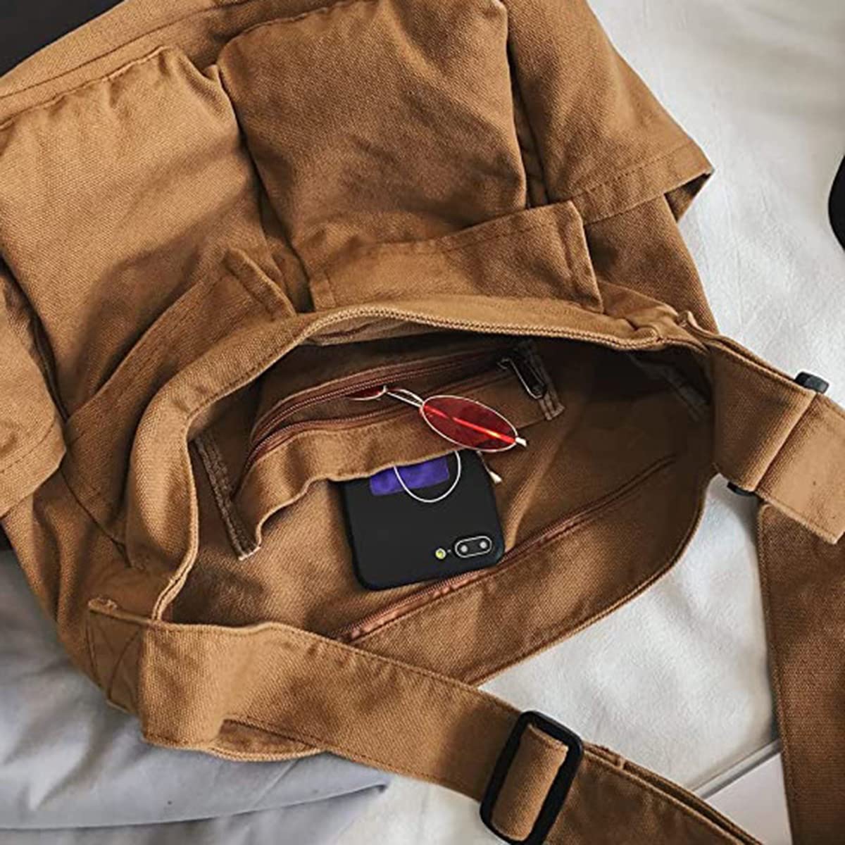 GAXOS Aesthetic Cute Messenger Bag for School Vintage Brown Canvas Crossbody for Women Shoulder Laptop Bag