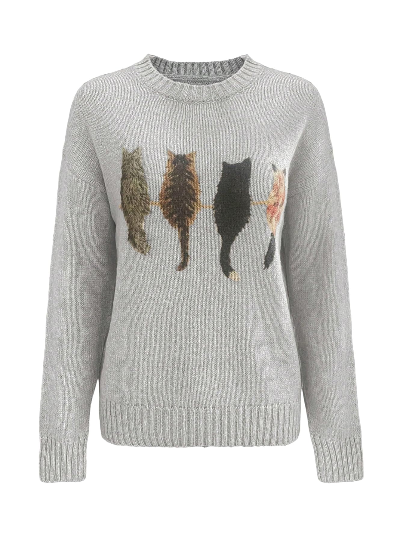 WDIRARA Women's Cat Graphic Sweater Long Sleeve Crew Neck Knit Tops Casual Knitwear Grey Small