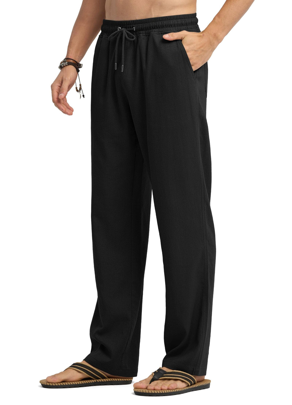 Willit Men's Linen Pants Casual Beach Summer Pants Drawstring Lightweight Yoga Linen Trousers 30" Black L