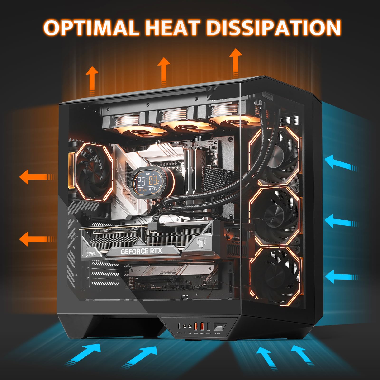 darkFlash Full-Tower ATX Gaming PC Case, Back Plug-in Motherboard, Vertical GPU Mounting, Dual-Chamber, Panoramic Glass, Up to 2 x 360mm Radiators, RTX 40 Compatible(DY470) (4 PWM ARGB Fans, Black)