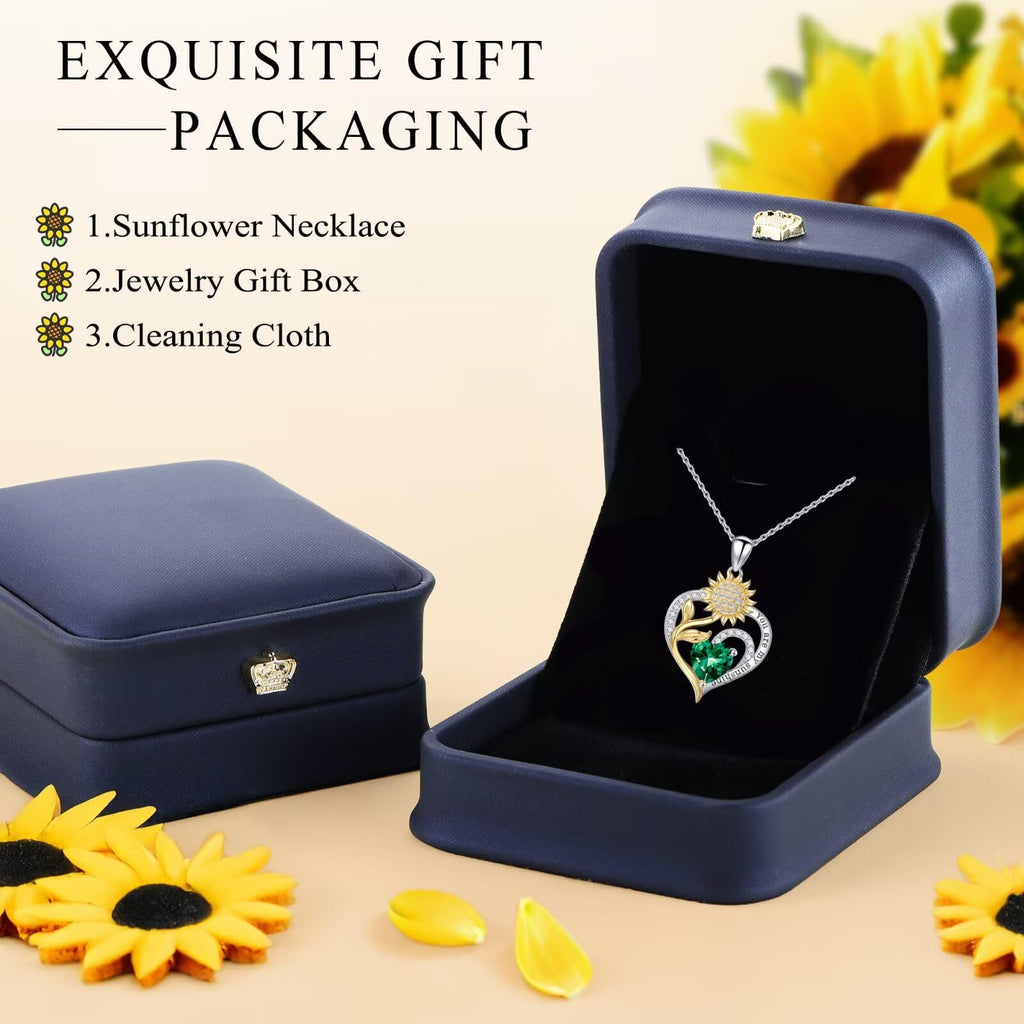 Iefil Sunflower Gifts for Women, Sunflower Necklace, Anniversary Birthday Gifts for Her, You Are My Sunshine Necklaces, October Tourmaline Jewelry, Heart Pendant Birthstone Necklace for Women Wife Mom