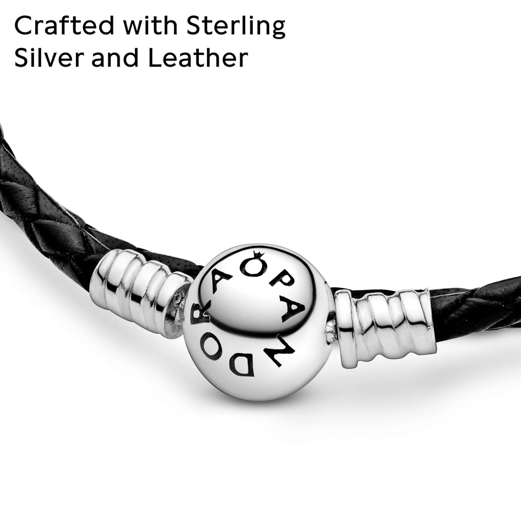 PANDORA Moments Double Woven Leather Bracelet with Sterling Silver Clasp - Compatible Moments Charms - Charm Bracelet for Women - Gift for Her - Black, 15.0"