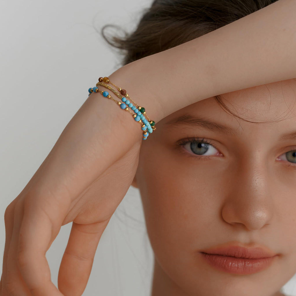 MEVECCO Gold Round Turquoise Beaded Bracelets,14K Gold Plated Handmade Cute Dainty Bracelet for Women