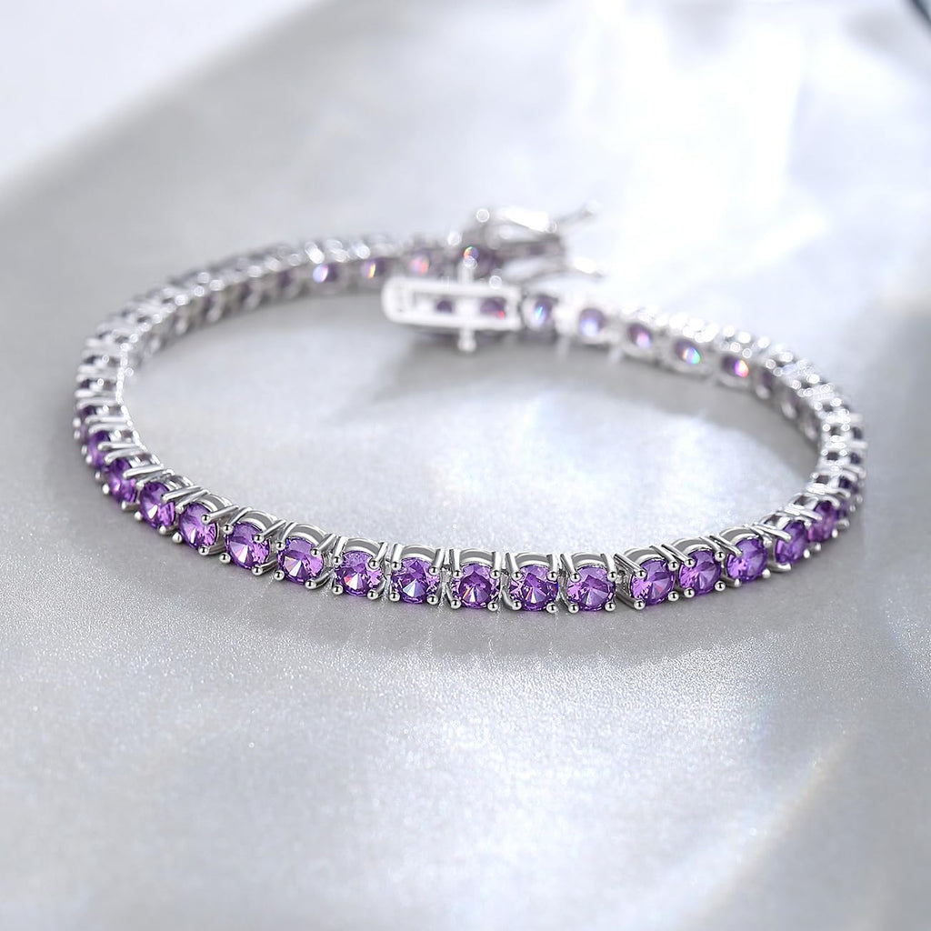 FANCIME Sterling Silver Tennis Bracelet Created Amethyst Tennis Bracelet February Birthstone Wedding Bridal Prom Fine Jewelry Gift For Women, Length 7.2 Inch Width 4mm