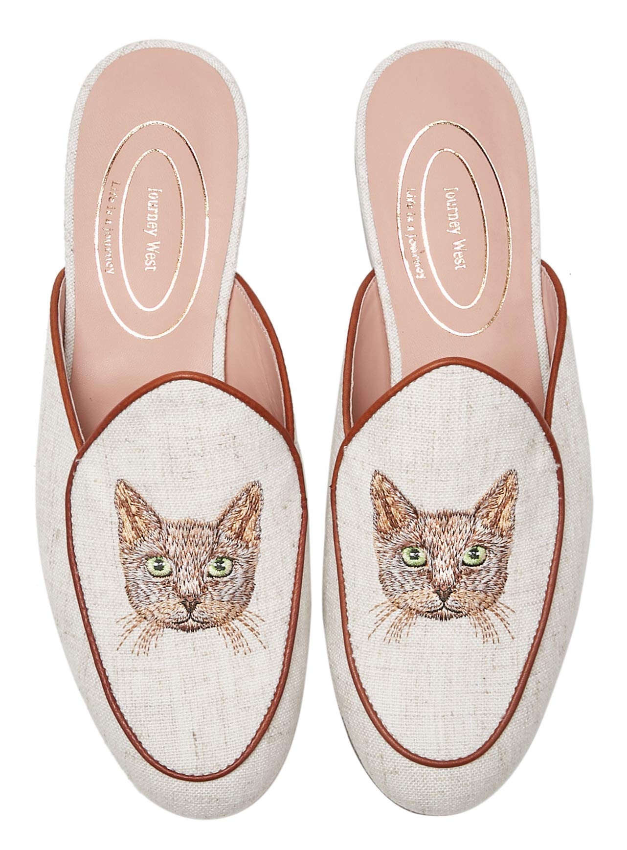 Journey West Women's Mules Flats with Embroidery Belgian Loafers Slip on Slippers for Women Cat White US 9.5