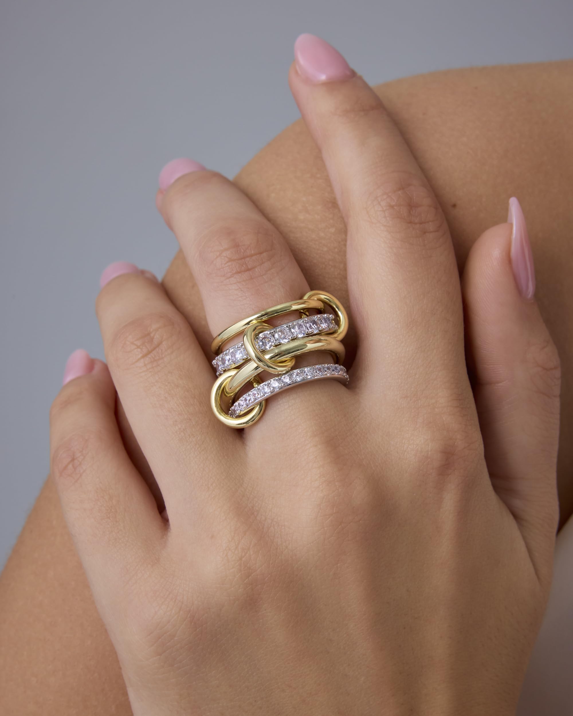 PAVOI 14K Gold Plated Mixed Metal Two Tone Stackable Ring for Women | Double Band Cubic Zirconia Interlocking Stackable Ring | Size 6