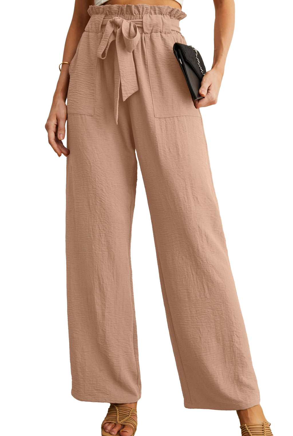 IWOLLENCE Women's Wide Leg Pants with Pockets High Waist Adjustable Knot Loose Casual Trousers Business Work Casual Pants Khaki Large