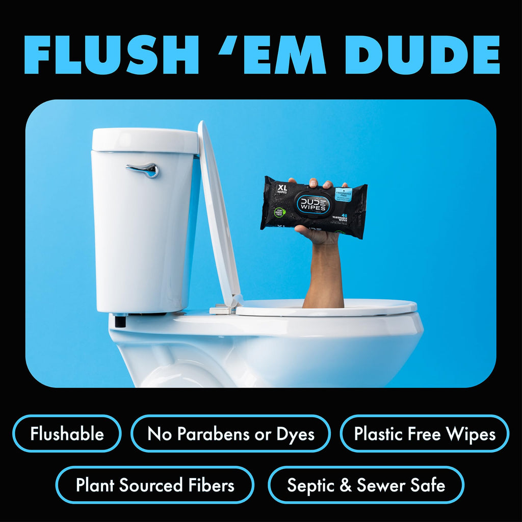 DUDE Wipes Unscented Flushable Wipes - Extra-Large Adult Wet Wipes for Sensitive Skin - 3 Pack (144 Count) - Infused with Vitamin E and Aloe - Septic and Sewer Safe
