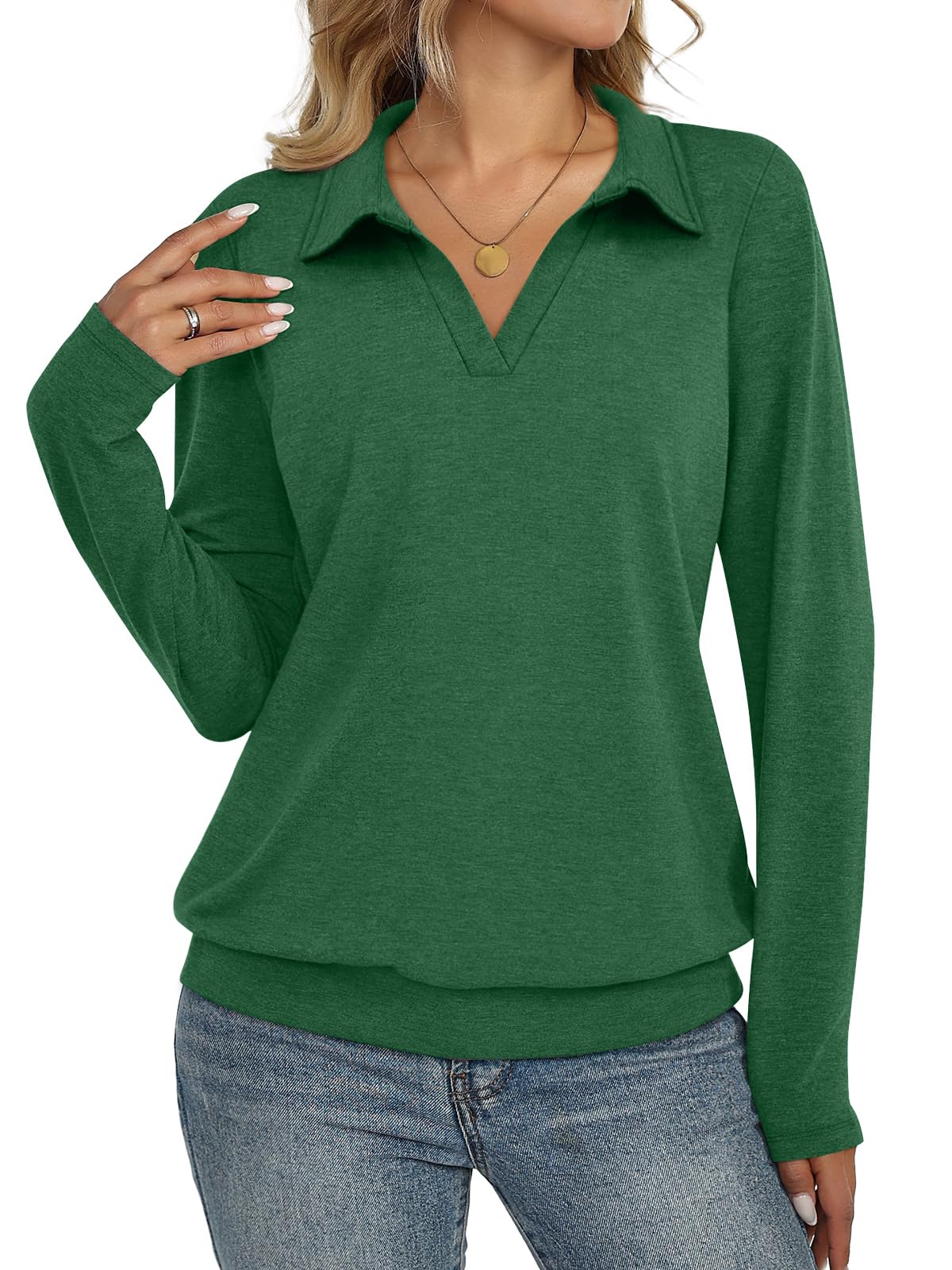 TICTICMISS Womens Polo Shirts Long Sleeve Banded Bottom Tops Business Casual Tops Collared V Neck Blouses Green