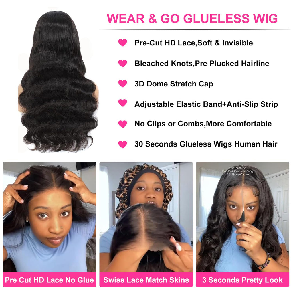 Uveous 28 Inch Wear and Go Glueless Wigs Human Hair Pre Plukced Pre Cut 5x5 Hd Lace Closure Wigs Human Hair for Women 180% Density Ready to Wear Glueless Body Wave Lace Front Wigs No Glue Wigs