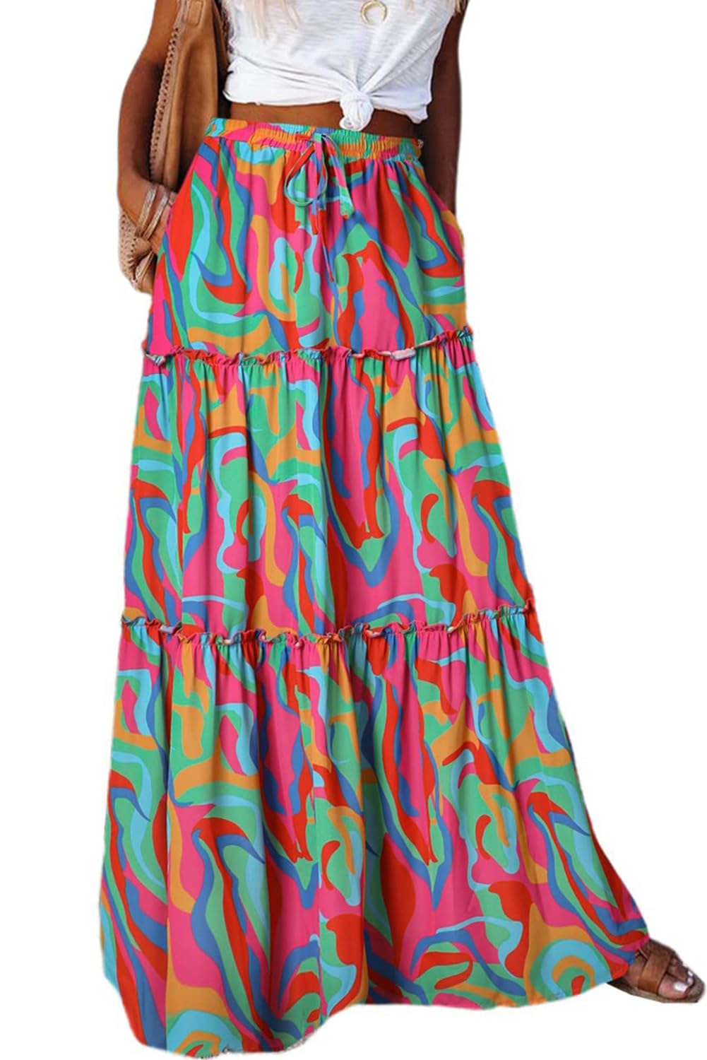 Trendy Lightweight Drawstring Tiered Ruffles Paisley Hippie Plus Size Bohemian Long Maxi Skirt with Deep Pockets Office Music Festival Travel Picnic Dating Fall Outfits Multicolor Abstract Wave L