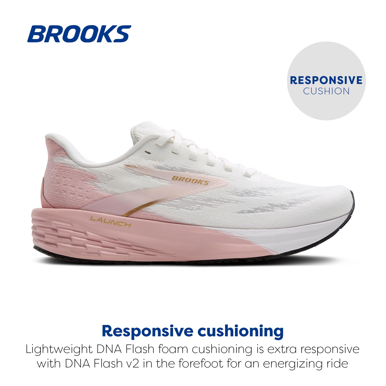 Brooks Women’s Launch 11 Neutral Running Shoe - White/Gold/Pink - 8 Medium