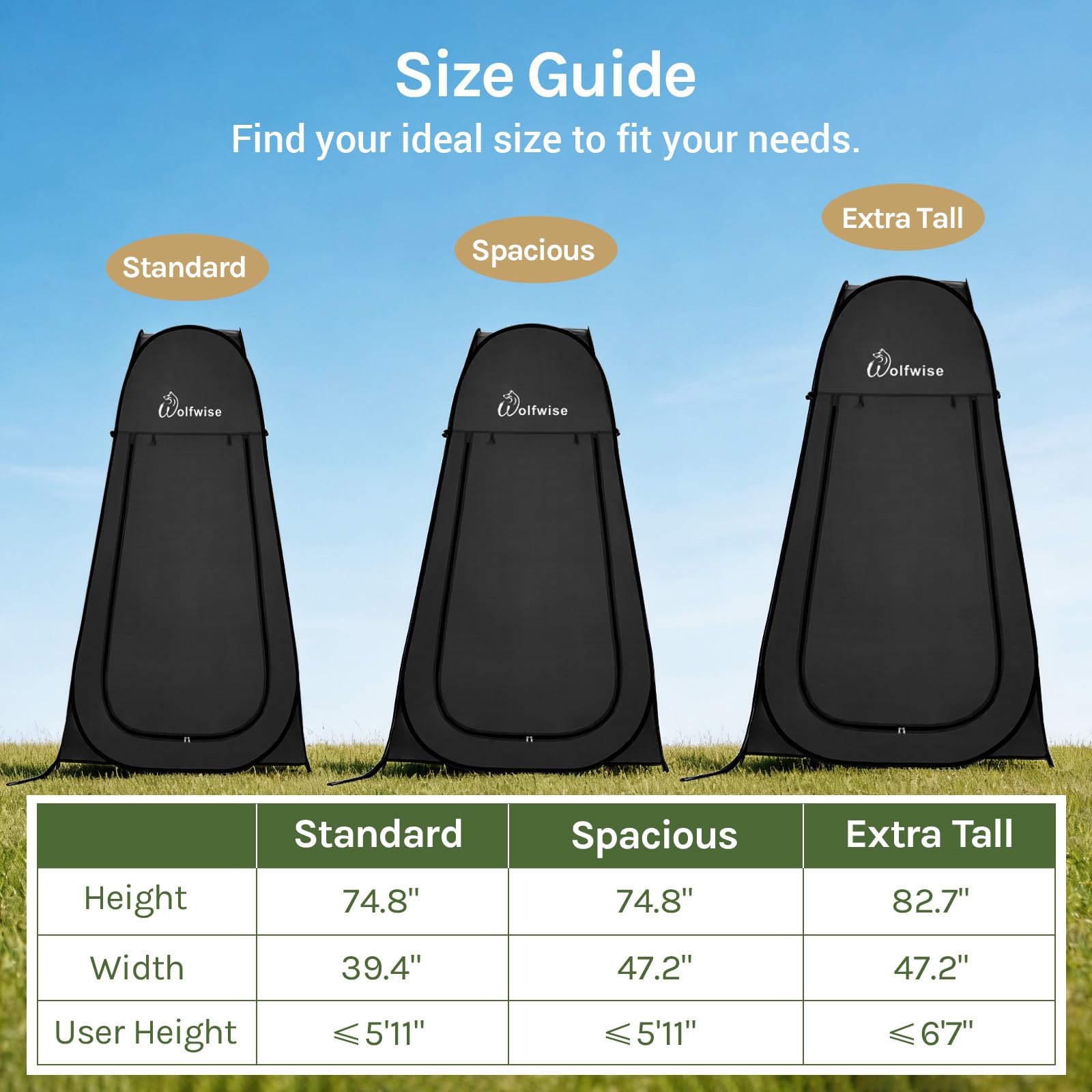 Wolfwise Pop Up Shower Tent for Camping Essentials, Portable Instant Changing Tent with Ventilation Window & Carry Bag, Privacy Dressing Room Bathroom Toilet for Beach & Outdoor, Standard, Black