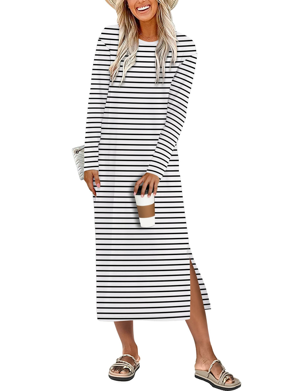ANRABESS Long Sleeve Midi Dresses for Women Fall Fashion Casual Vacation Crewneck Loose Split Striped Long Tshirts Dress White Black Stripe XL