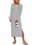 ANRABESS Long Sleeve Midi Dresses for Women Fall Fashion Casual Vacation Crewneck Loose Split Striped Long Tshirts Dress White Black Stripe XL