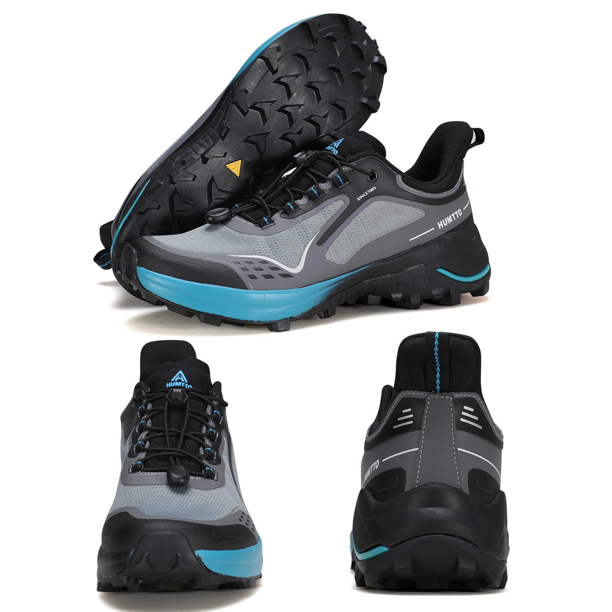HUMTTO Men's Quick Laces Hiking Sneaker Lightweight Breathable Walking Outdoors Trail Running Shoes Grey/Black 13