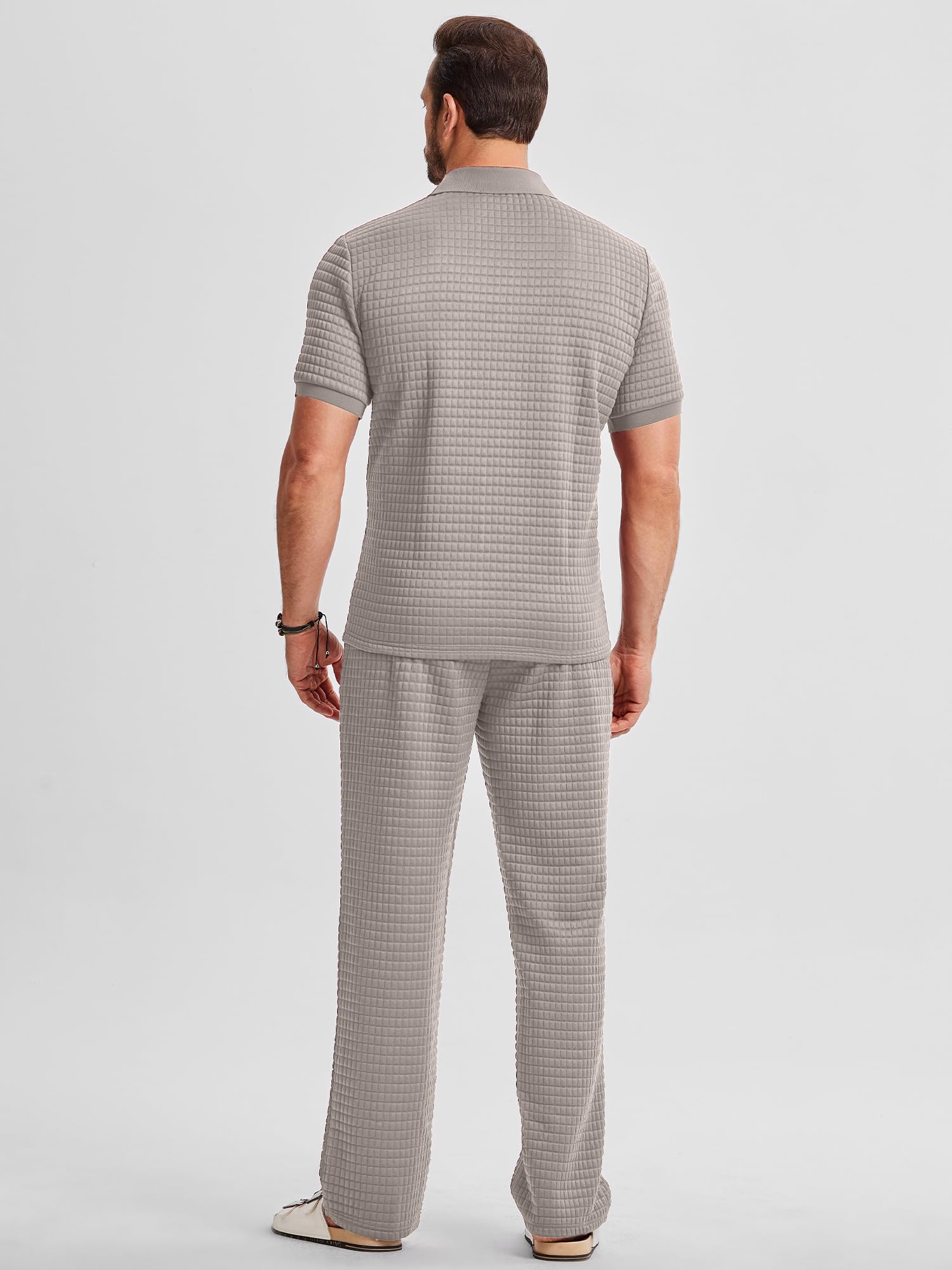 JMIERR Mens Summer Outfits Short Sets 2 Piece Outfits Waffle Textured Quater Zip Polo Shirts Casual Loose Beach Pant Vacation Old Money Cothes, S, Khaki