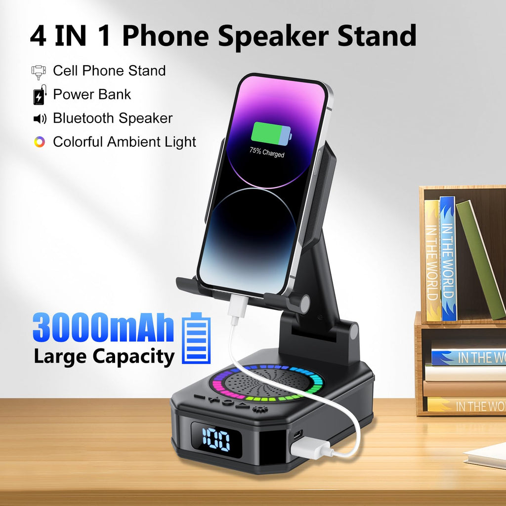 buwy Gifts for Men Women, Cell Phone Stand with Wireless Bluetooth Speaker and 8 RGB Ambient Light, Anti-Slip Base HD Surround Sound, Bluetooth Speaker for Desk Home and Outdoors
