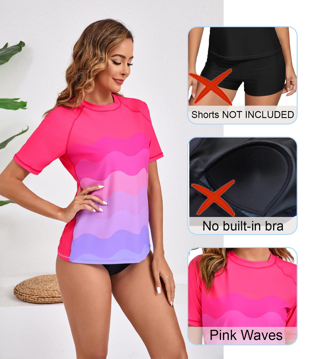 Halcurt Women's Short Sleeve Swim Shirt Rash Guard Swimsuit Top Only UPF50+ Sun Protection Bathing Suit Ombre Pink Light Purple M
