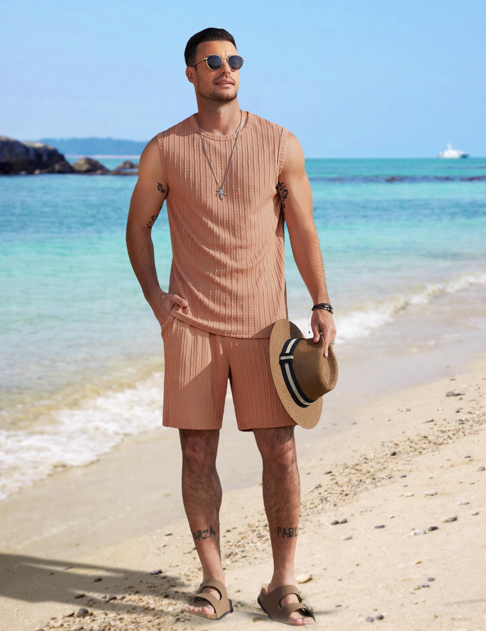 COOFANDY Men's 2 Piece Outfits Sleeveless Fashion Shirt and Shorts Set Summer Lightweight Knit Set, Khaki, L