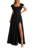 KIRUNDO Cocktail Dresses for Women Elegant Wedding Guest Summer Formal Maxi Lace Floral Slit Prom Party Bridesmaid Dress (Black, Large)