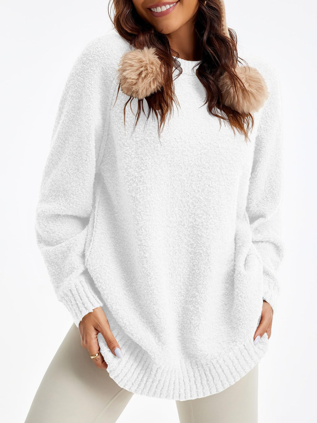 Saodimallsu Womens Oversized Sweater 2025 Fall Trendy Fuzzy Crew Neck Long Sleeve Casual Tunic Sweaters White
