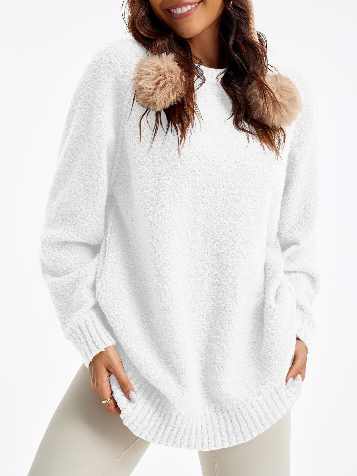 Saodimallsu Womens Oversized Sweater 2025 Fall Trendy Fuzzy Crew Neck Long Sleeve Casual Tunic Sweaters White