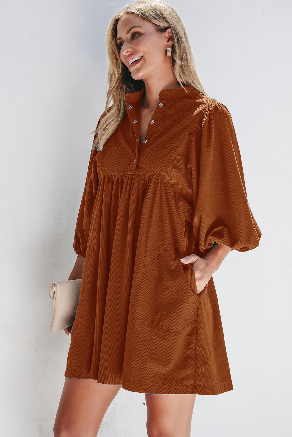 Opemiby Womens Casual Dresses Corduroy Button Up Empire Waist 3/4 Sleeve Fall Winter Mini Babydoll Dress Gold Flame L
