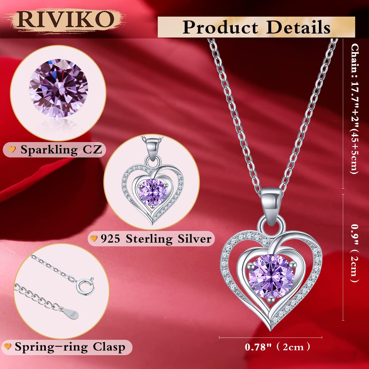 RIVIKO Heart Birthstone Pendant Necklace for Women 925 Sterling Silver Zirconia February Necklaces Christmas Valentine's Day Mothers Day Jewelry Gifts For Her Mother Wife