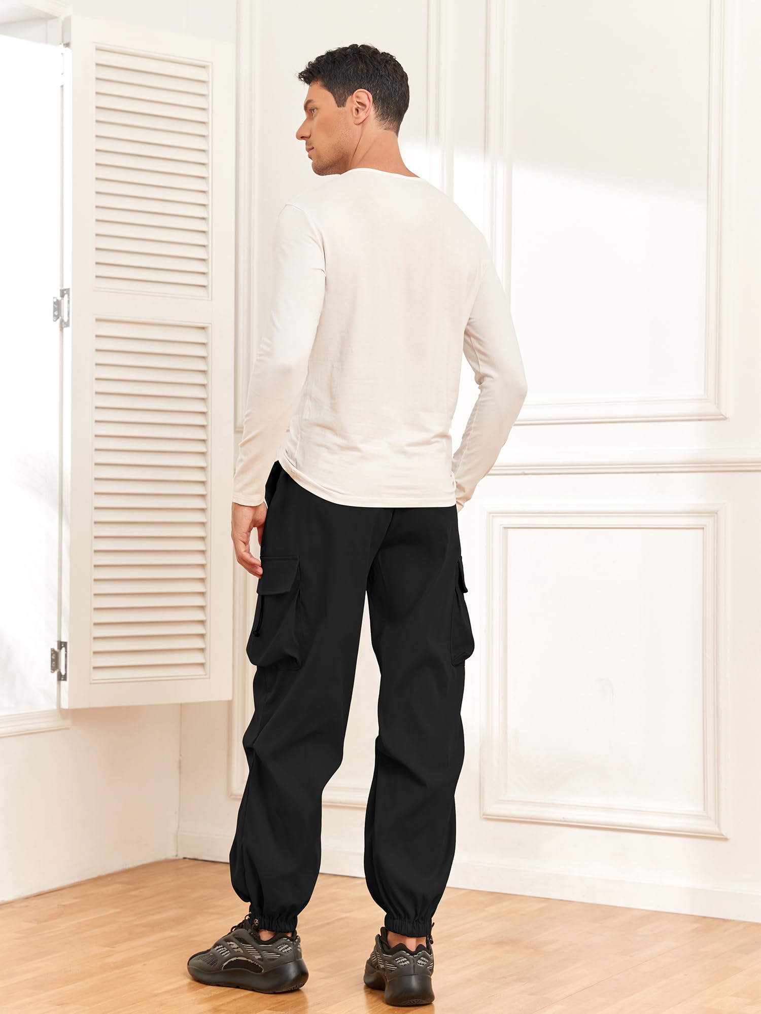 ZAFUL Flat Pocket Parachute Pants for Men Causal Baggy Cargo Pants Unisex Street Y2K Pants Drawstring Trousers Black M