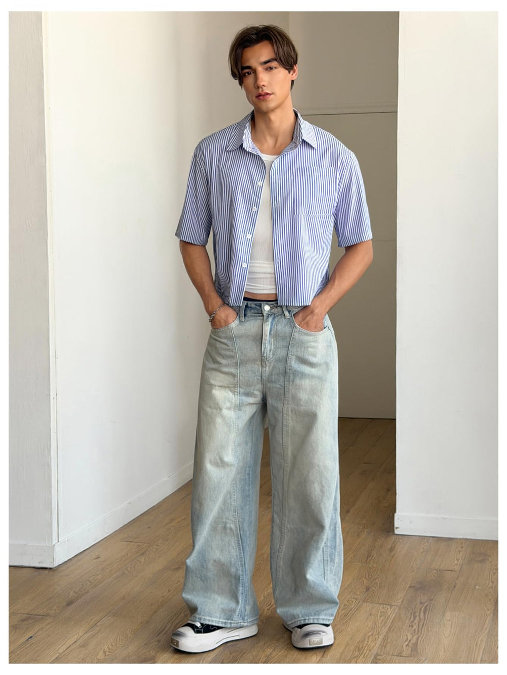 GORGLITTER Men's Striped Cropped T Shirt Button Down Up Y2k Short Sleeve Collar Oversized Tops Blue Small