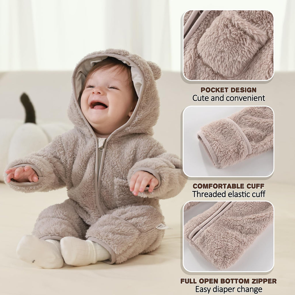 AiWMGL Newborn Baby Bear Outfit Suit With Fold-Over Mittens and Footies Girls Boys 0-3 Months Winter Fleece Clothes Suit Hooded Jumpsuit Romper Snowsuit