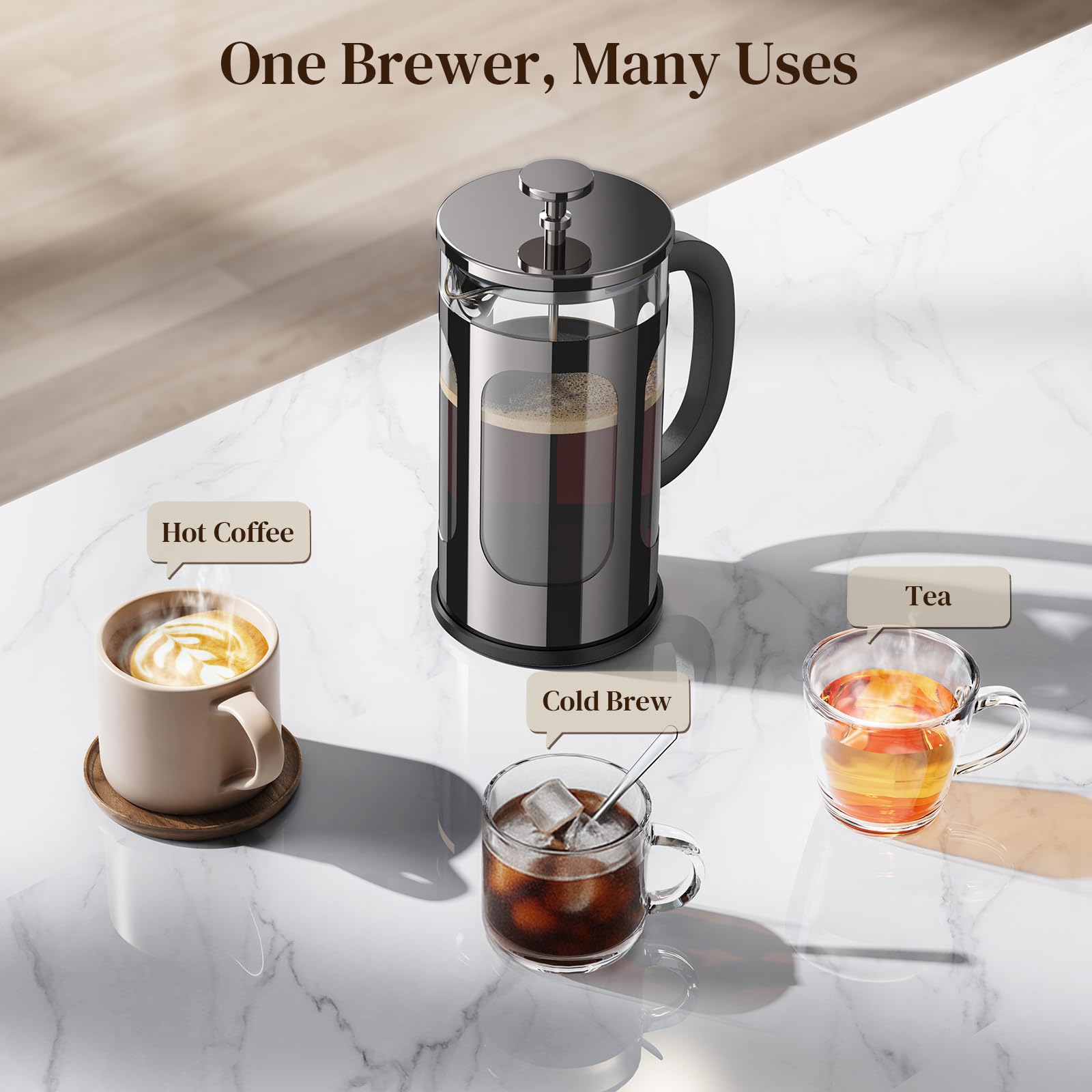 Veken French Press Coffee Maker 34oz, No Plastic Touching Cafe,Thickened Glass Stainless Steel Brewer, Cold Brew Cafetera Tea pot for Kitchen Travel Camping, Gifts, Decor, Bar Accessories, Dark Pewter